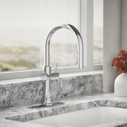 Touchless pull-down kitchen sink faucet with three-function sprayhead
