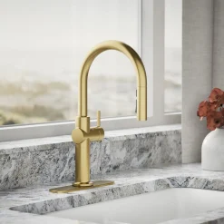 Touchless pull-down kitchen sink faucet with three-function sprayhead