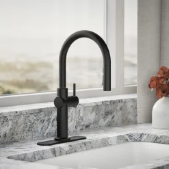 Touchless pull-down kitchen sink faucet with three-function sprayhead