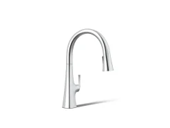 Touchless pull-down kitchen sink faucet with three-function sprayhead