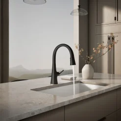 Touchless pull-down kitchen sink faucet with three-function sprayhead