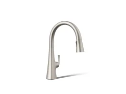 Touchless pull-down kitchen sink faucet with three-function sprayhead