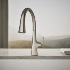 Touchless pull-down kitchen sink faucet with three-function sprayhead