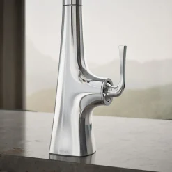 Touchless pull-down kitchen sink faucet with three-function sprayhead
