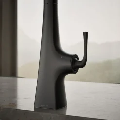 Touchless pull-down kitchen sink faucet with three-function sprayhead