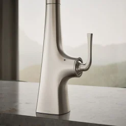 Touchless pull-down kitchen sink faucet with three-function sprayhead