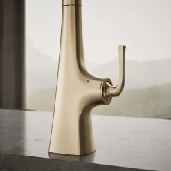 Touchless pull-down kitchen sink faucet with three-function sprayhead