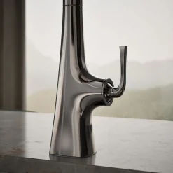 Touchless pull-down kitchen sink faucet with three-function sprayhead