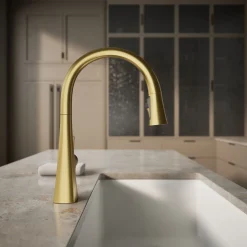 Touchless pull-down kitchen sink faucet with three-function sprayhead