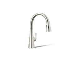 Touchless pull-down kitchen sink faucet with three-function sprayhead