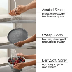 Touchless pull-down kitchen sink faucet with three-function sprayhead