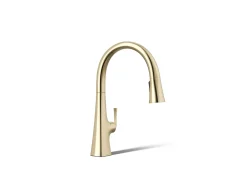 Touchless pull-down kitchen sink faucet with three-function sprayhead