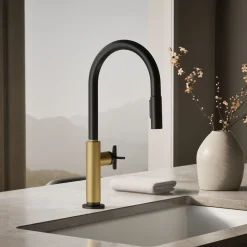 Touchless pull-down kitchen sink faucet with two-function sprayhead