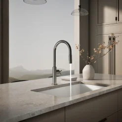 Touchless pull-down kitchen sink faucet with two-function sprayhead