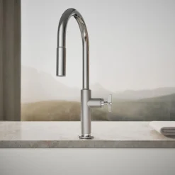 Touchless pull-down kitchen sink faucet with two-function sprayhead