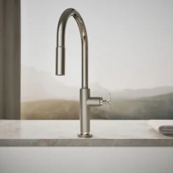 Touchless pull-down kitchen sink faucet with two-function sprayhead