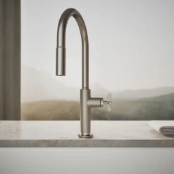 Touchless pull-down kitchen sink faucet with two-function sprayhead