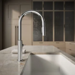 Touchless pull-down kitchen sink faucet with two-function sprayhead
