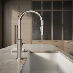 Touchless pull-down kitchen sink faucet with two-function sprayhead