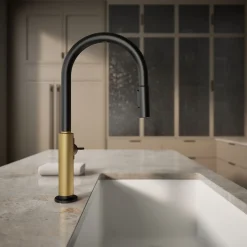 Touchless pull-down kitchen sink faucet with two-function sprayhead