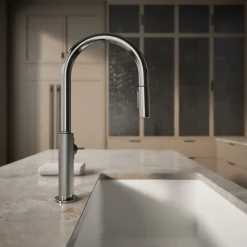 Touchless pull-down kitchen sink faucet with two-function sprayhead