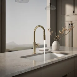 Touchless pull-down kitchen sink faucet with two-function sprayhead