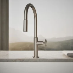 Touchless pull-down kitchen sink faucet with two-function sprayhead