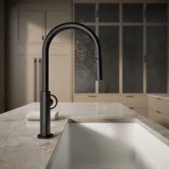 Touchless pull-down kitchen sink faucet with two-function sprayhead