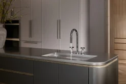 Touchless pull-down kitchen sink faucet with two-function sprayhead