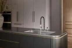 Touchless pull-down kitchen sink faucet with two-function sprayhead