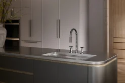 Touchless pull-down kitchen sink faucet with two-function sprayhead