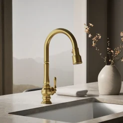Touchless pull-down kitchen sink faucet with three-function sprayhead