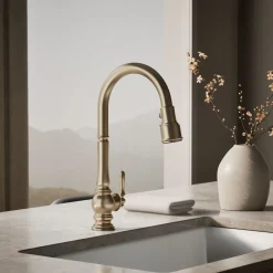 Touchless pull-down kitchen sink faucet with three-function sprayhead