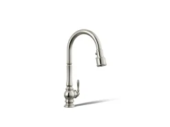 Touchless pull-down kitchen sink faucet with three-function sprayhead