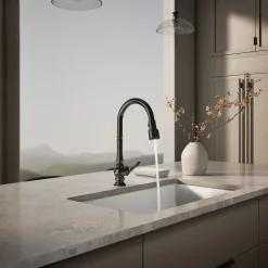 Touchless pull-down kitchen sink faucet with three-function sprayhead