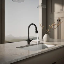 Touchless pull-down kitchen sink faucet with three-function sprayhead