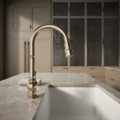 Touchless pull-down kitchen sink faucet with three-function sprayhead