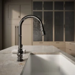 Touchless pull-down kitchen sink faucet with three-function sprayhead