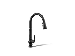 Touchless pull-down kitchen sink faucet with three-function sprayhead