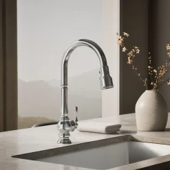Touchless pull-down kitchen sink faucet with three-function sprayhead