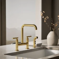 Two-hole bridge kitchen sink faucet with side sprayer