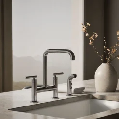 Two-hole bridge kitchen sink faucet with side sprayer