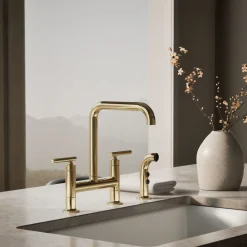 Two-hole bridge kitchen sink faucet with side sprayer