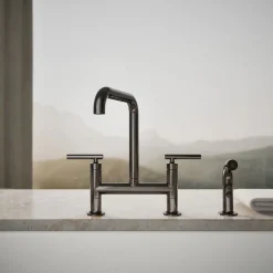 Two-hole bridge kitchen sink faucet with side sprayer