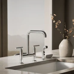 Two-hole bridge kitchen sink faucet with side sprayer