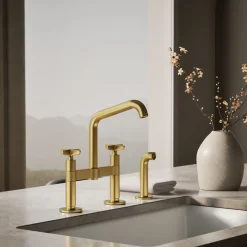 Two-hole bridge kitchen sink faucet with side sprayer