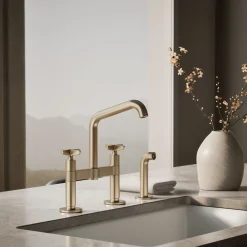 Two-hole bridge kitchen sink faucet with side sprayer