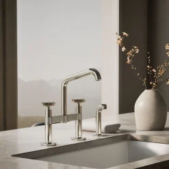 Two-hole bridge kitchen sink faucet with side sprayer