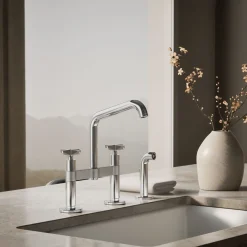 Two-hole bridge kitchen sink faucet with side sprayer