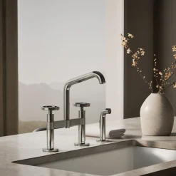 Two-hole bridge kitchen sink faucet with side sprayer